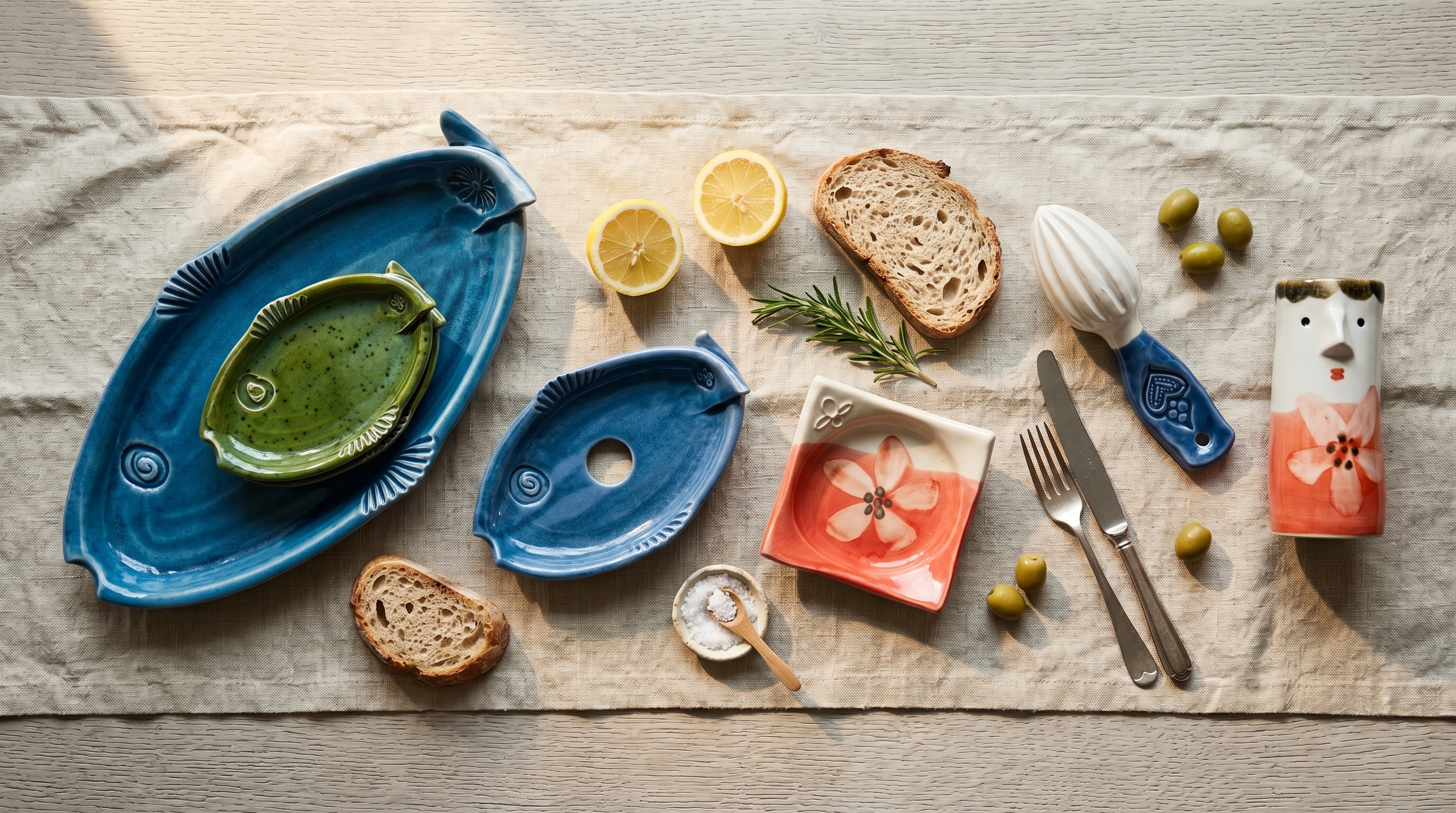 Handmade ceramics on the shelves of the Nika Horjak Ceramics shop in Piran